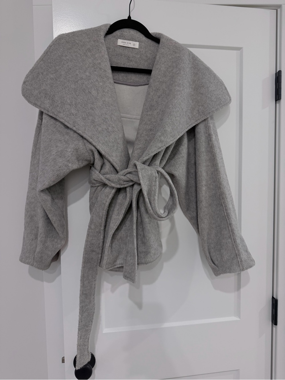 Tie-Waist Shawl Collar Jacket - Light Gray